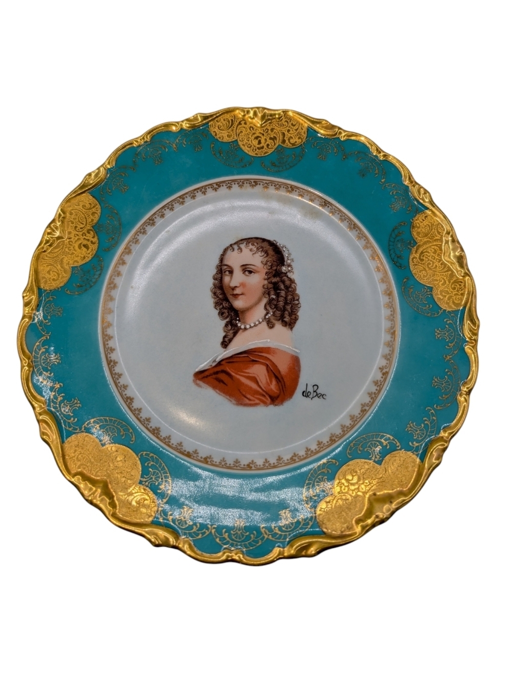 Vintage Porzellan Imperial Bavaria 8" Plate Portrait of Woman Blue Gold Germany